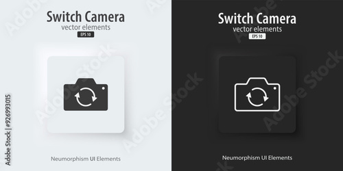 Flip and switch the camera icon. Flat and line icon. A set of square buttons with symbols. 3d Neumorphism element design for apps, websites, and Interfaces. UI UX. Vector illustration.