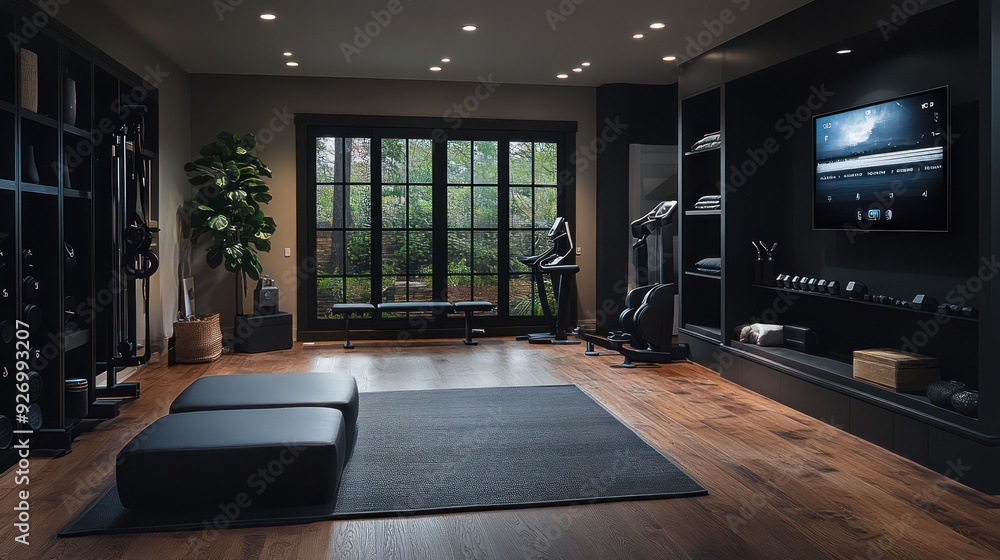 A smart home gym equipped with virtual workout assistants A smart home gym equipped with virtual workout assistants