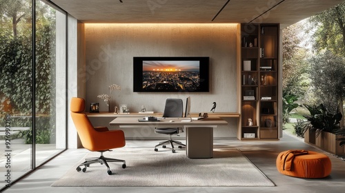 Wallpaper Mural A smart home office setup with a smart desk, ergonomic chair, integrated lighting, and a wall-mounted screen for video conferencing Torontodigital.ca