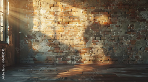 Sunbeams illuminate an empty room with a brick wall and a tiled floor.