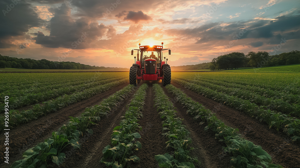 Agriculture field with crops and farming equipment Agriculture field with crops and farming equipment