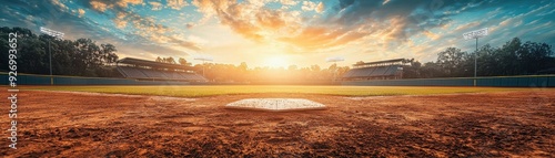 A stunning panoramic view of a baseball field at sunrise, showcasing vibrant colors and a serene atmosphere for sports enthusiasts. photo