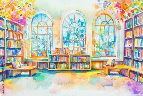 A bright, colorful library filled with books, large windows, and a serene atmosphere perfect for reading and studying. photo