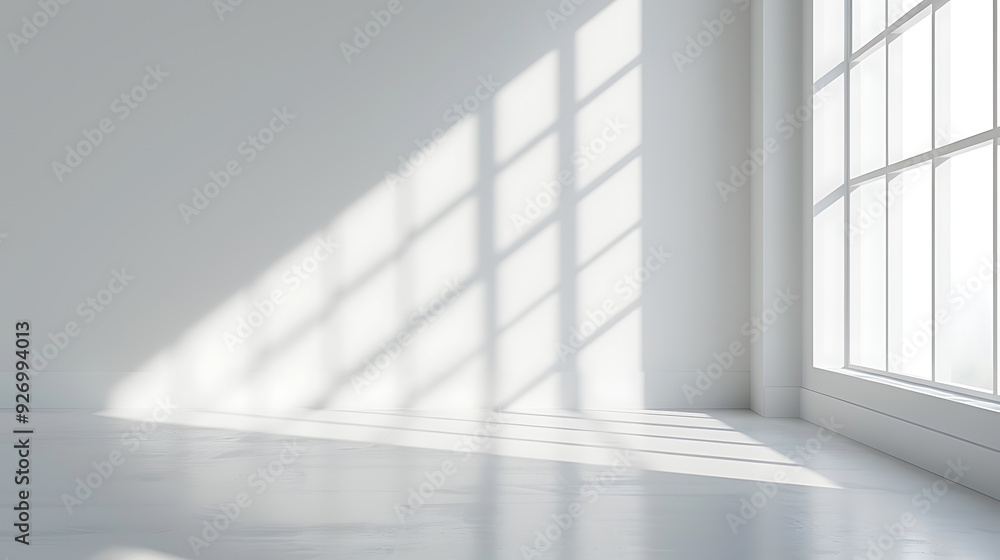 Sunlight streams through a large window, casting geometric shadows on a white wall and floor. Sunlight streams through a large window, casting geometric shadows on a white wall and floor.