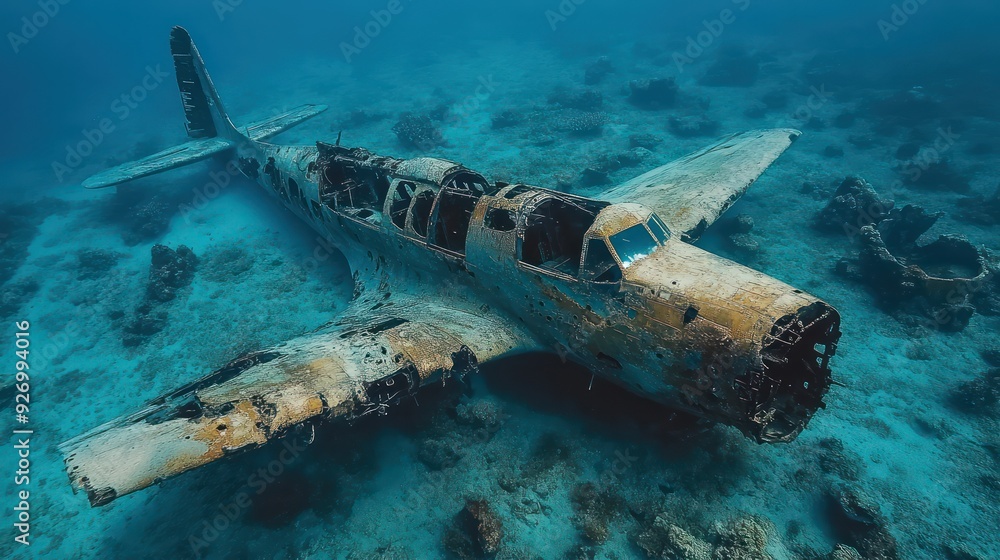 Naklejka premium airplane wreckage secrets hidden in the depths blue sea