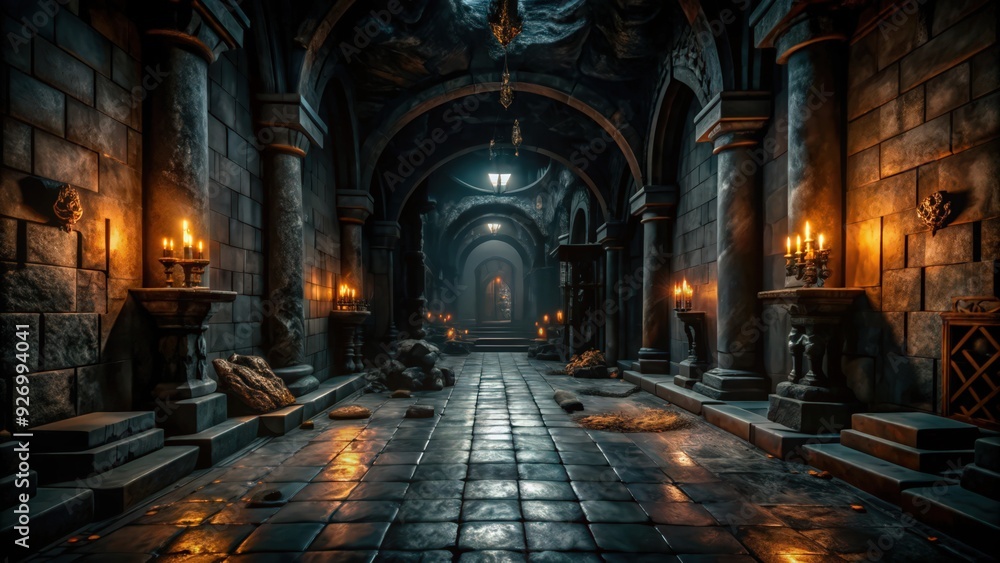 Fototapeta premium A dimly lit stone corridor with candlelit pillars and an arched opening at the end.