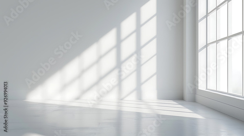 Sunlight streams through a large window, casting geometric shadows on a white wall and floor.