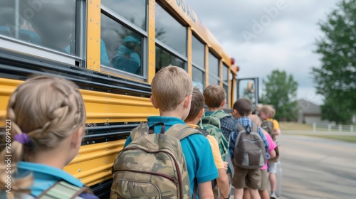 A group of children wearing backpacks are seen standing in line, boarding a yellow school bus on a cloudy day.