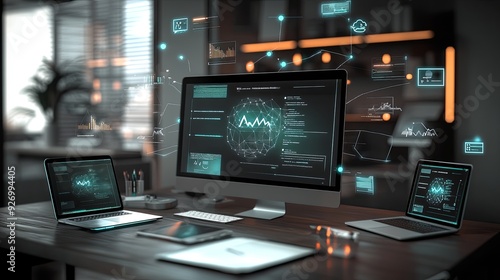 A modern workspace with multiple smart devices connected seamlessly, displaying collaborative documents in a cloud interface, clear light, realistic photo 8K