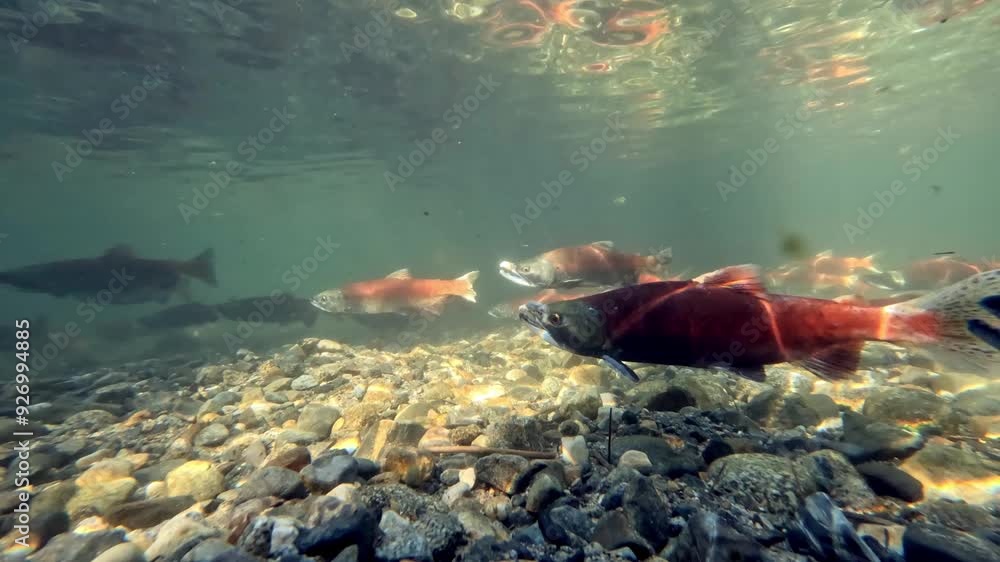Kokanee salmon spawning upstream in creek, underwater video