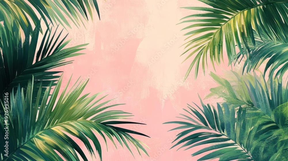 Vibrant tropical scene with palm trees, sandy beach, and soft pastel colors. Vibrant tropical scene with palm trees, sandy beach, and soft pastel colors.