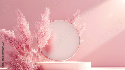 Pink podium, pedestal on a pink white background ,Abstract geometry background ,Blank showcase with empty round stage ,white cylinder Product Stand in pink room ,Studio Scene For Product ,presentation