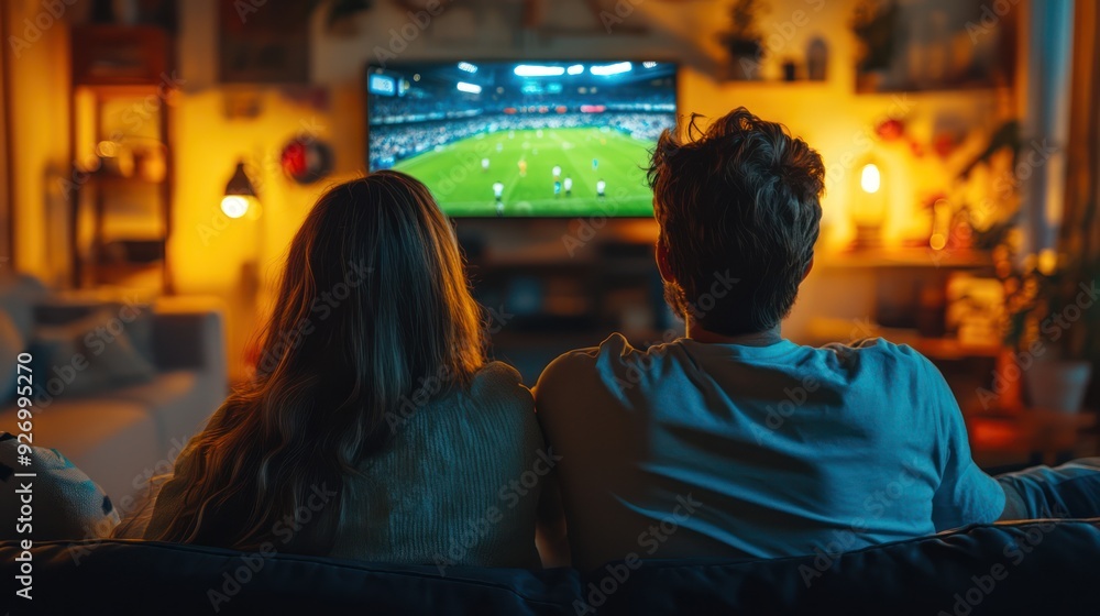 Couple watching TV, reactions including sports celebrations in home Couple watching TV, reactions including sports celebrations in home
