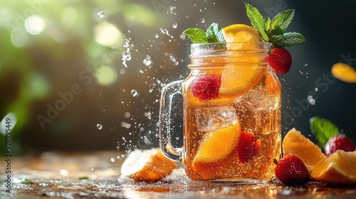 iced tea in mason jar, floting fruits and splashes photo