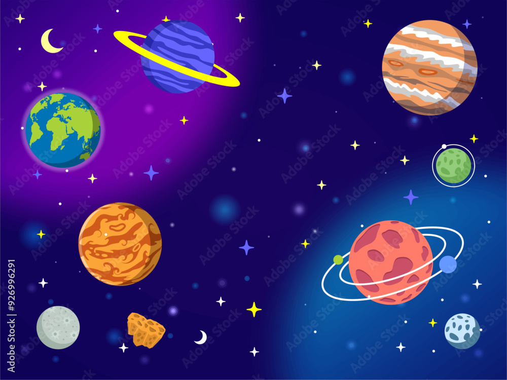 Illustration of the cosmos with the planets of the solar system Illustration of the cosmos with the planets of the solar system