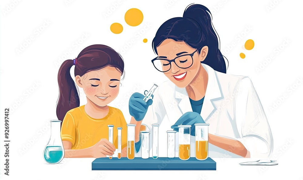Mother and Daughter Conducting Science Experiment with Test Tubes in Laboratory Setting Mother and Daughter Conducting Science Experiment with Test Tubes in Laboratory Setting