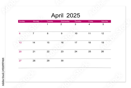 April 2025 Calendar page for 2025 year isolated on white, Saved clipping path.