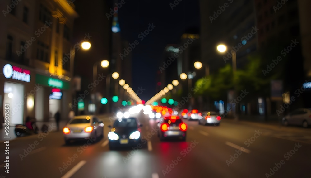 A blurred night cityscape with street lights, traffic, and buildings in the background A blurred night cityscape with street lights, traffic, and buildings in the background