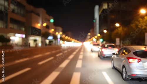 A blurred night cityscape with street lights, traffic, and buildings in the background