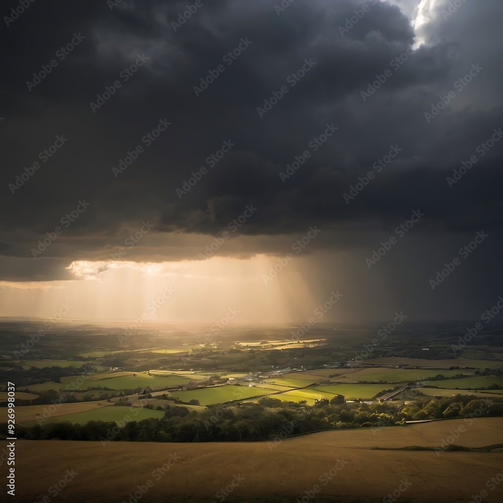 A dramatic scene of sunlight breaking through dark storm clouds, illuminating the landscape below with a golden glow A dramatic scene of sunlight breaking through dark storm clouds, illuminating the landscape below with a golden glow