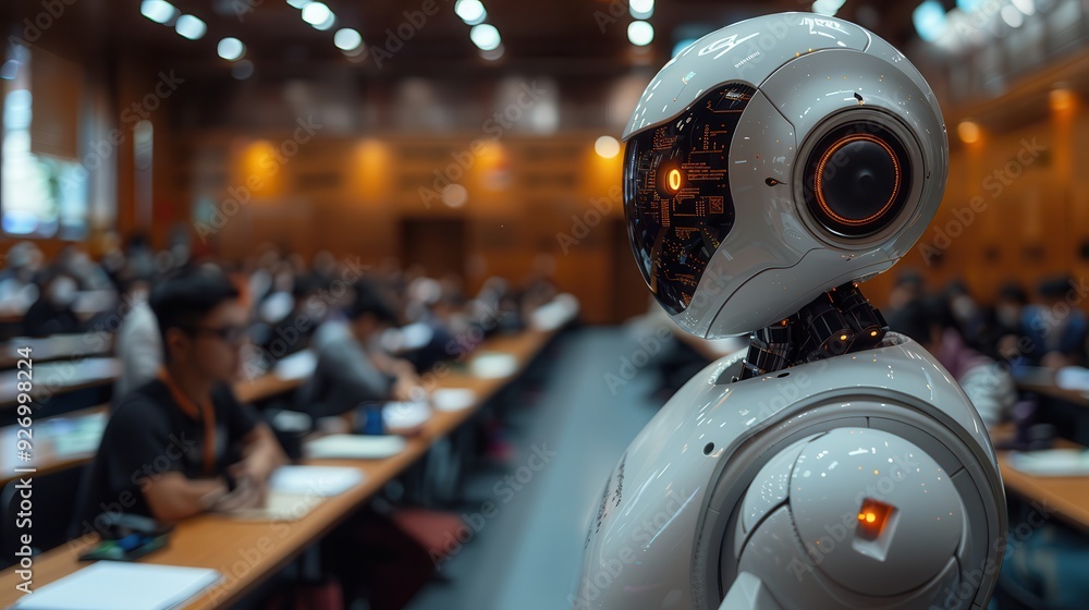 Futuristic Classroom with AI Robots Teaching Students, Blank Space for Text on Right Side Futuristic Classroom with AI Robots Teaching Students, Blank Space for Text on Right Side