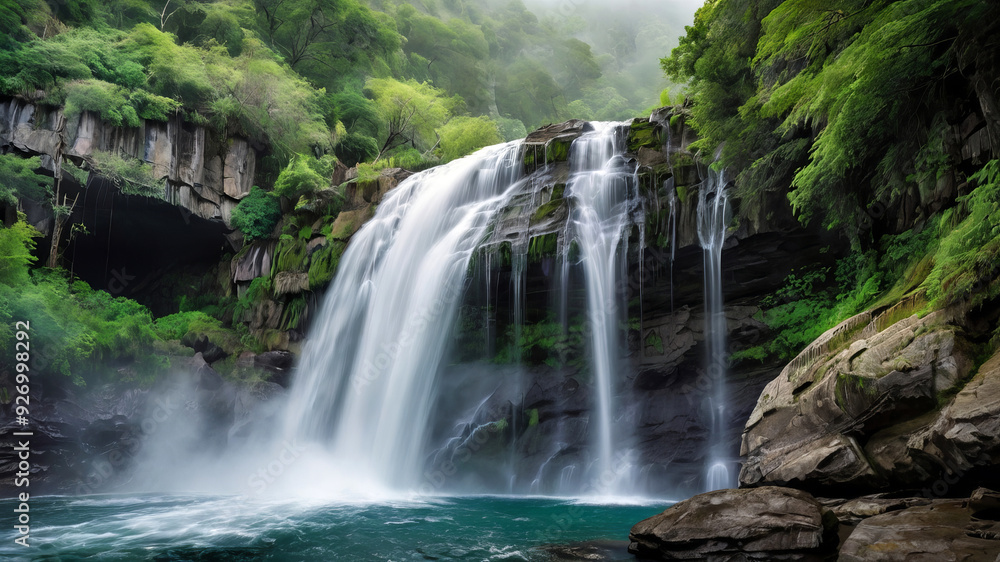 Serene cascade plunges through lush green forest, creating scenic natural beauty Serene cascade plunges through lush green forest, creating scenic natural beauty