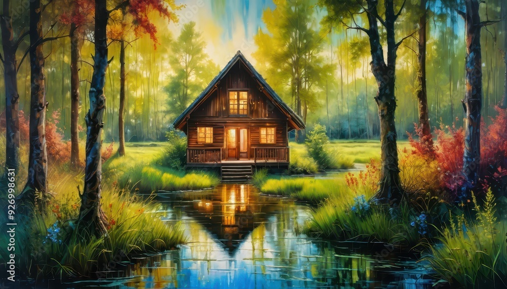 House in the forest with a calm river near the house House in the forest with a calm river near the house