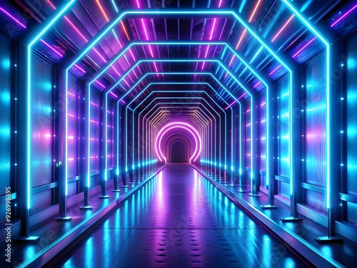 Futuristic Neon Light Tunnel with Electric Blue and Purple Glows 