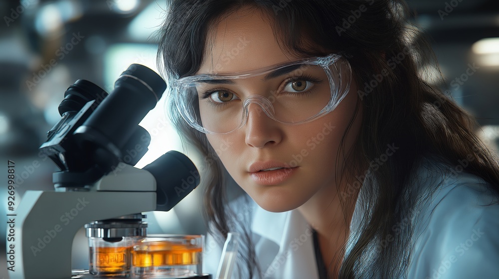 Close-Up Portrait of a Female Scientist Observing Samples Through a Microscope, Wearing Protective Goggles in a Modern Laboratory Environment, Emphasizing Scientific Research and Discovery Close-Up Portrait of a Female Scientist Observing Samples Through a Microscope, Wearing Protective Goggles in a Modern Laboratory Environment, Emphasizing Scientific Research and Discovery