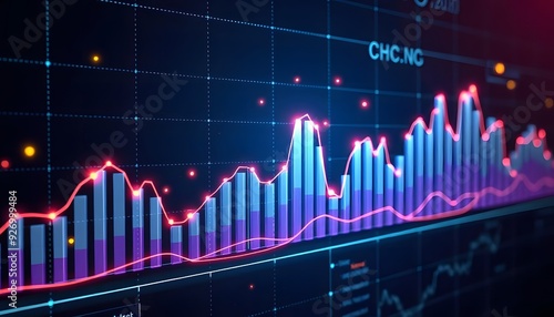 A stock market chart showing the price fluctuations of a financial asset over time, with candlestick patterns and technical indicators displayed on the screen