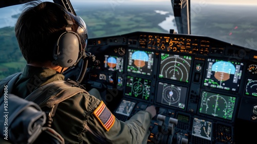 Pilot flying an airplane in a cockpit