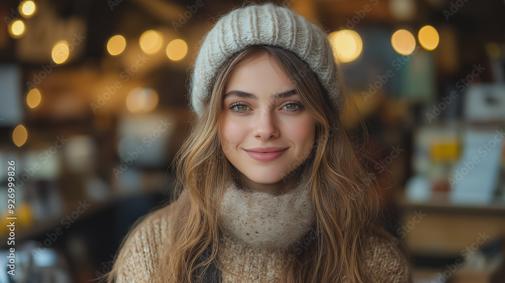 Warm and cozy café environment with a young woman smiling and shaking hands, portraying a friendly greeting and positive interaction Warm and cozy café environment with a young woman smiling and shaking hands, portraying a friendly greeting and positive interaction