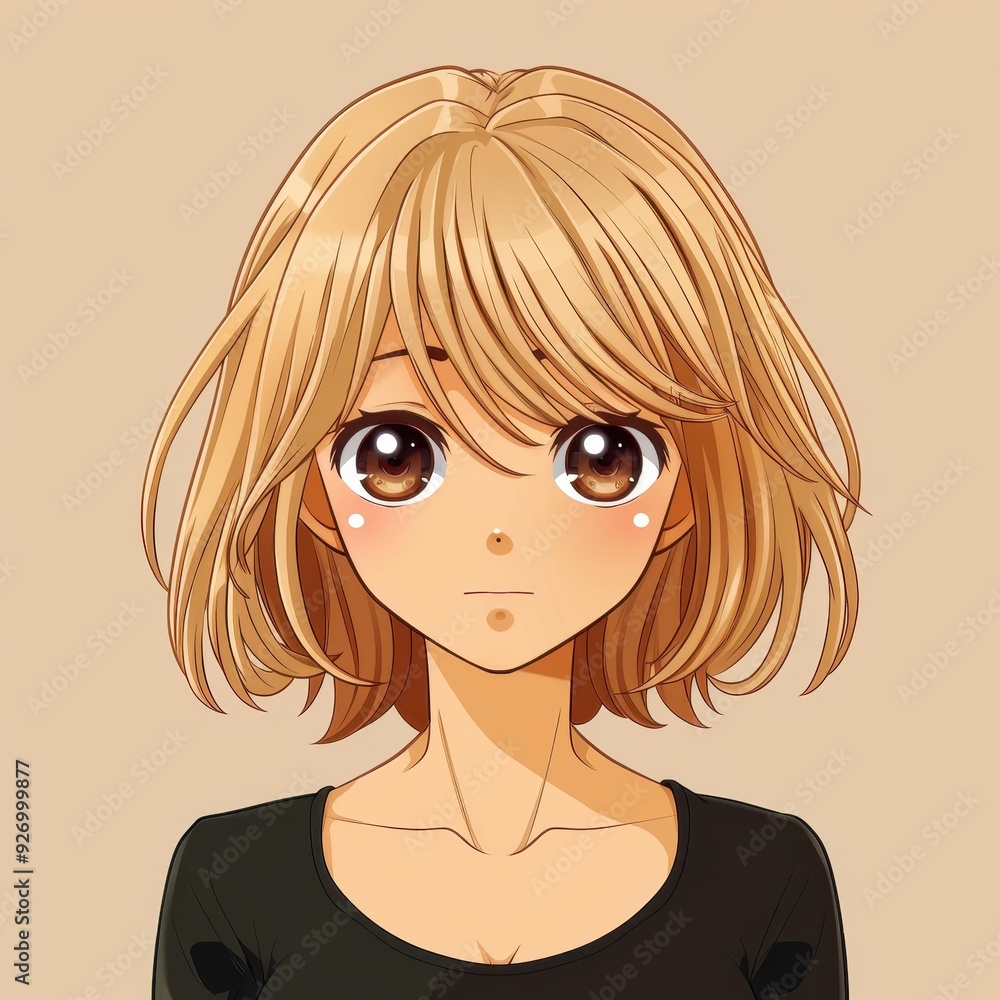 Discover a unique anime portrait featuring a woman with shoulderlength dirty blonde hair and expressive brown eyes. Discover a unique anime portrait featuring a woman with shoulderlength dirty blonde hair and expressive brown eyes.