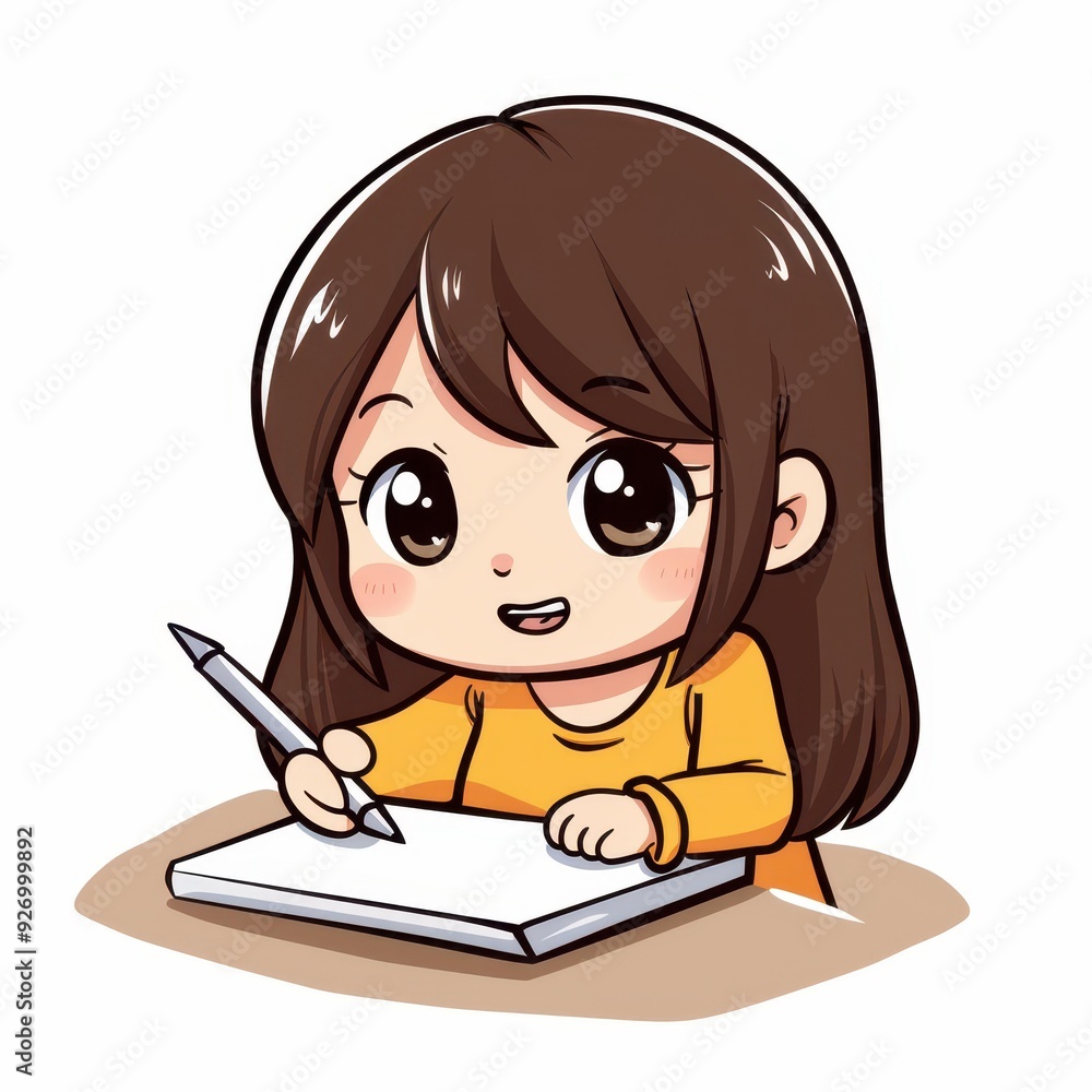 A cute cartoon girl with bold strokes writing on a white background, perfect for simple yet impactful designs. A cute cartoon girl with bold strokes writing on a white background, perfect for simple yet impactful designs.