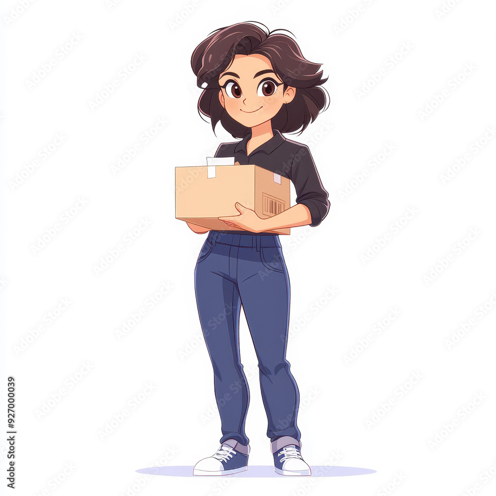 A vibrant cartoon of a professional woman with a cardboard box, dressed in chic attire, embodying confidence and creativity. A vibrant cartoon of a professional woman with a cardboard box, dressed in chic attire, embodying confidence and creativity.