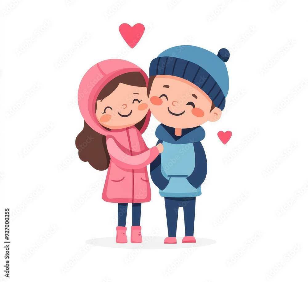 A charming cartoon couple in pastel colors, sharing a sweet kiss on the cheek, radiating love and joy on a white backdrop. A charming cartoon couple in pastel colors, sharing a sweet kiss on the cheek, radiating love and joy on a white backdrop.