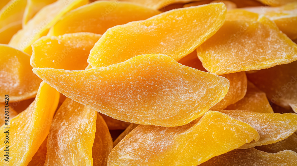 The image shows a close-up of dried mango slices. The slices have a vibrant yellow color with a slightly crystalline surface, highlighting their texture and color richness The image shows a close-up of dried mango slices. The slices have a vibrant yellow color with a slightly crystalline surface, highlighting their texture and color richness