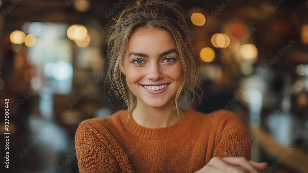Positive first impression, young woman smiling and shaking hands in a cozy café, friendly atmosphere Positive first impression, young woman smiling and shaking hands in a cozy café, friendly atmosphere