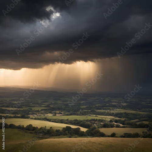 A dramatic scene of sunlight breaking through dark storm clouds, illuminating the landscape below with a golden glow