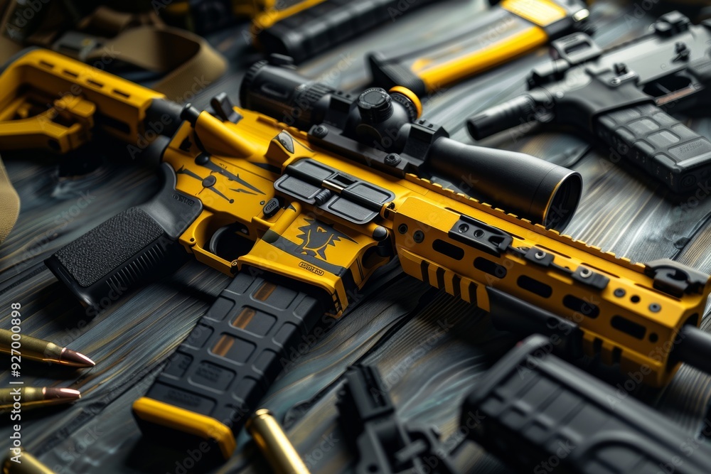 Contemporary self defense rifle displayed on table in black and dark yellow tones Contemporary self defense rifle displayed on table in black and dark yellow tones
