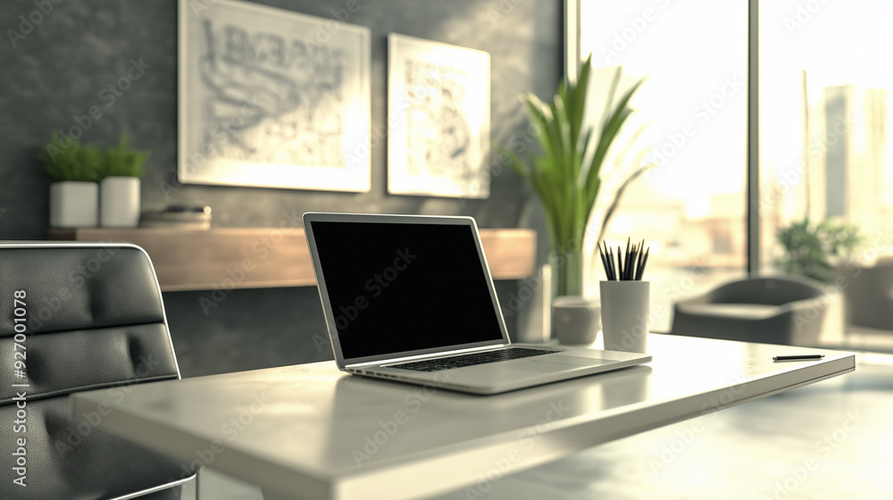 living room interior, A sleek, contemporary office setting with minimalist furniture, a laptop, and modern decor, representing productivity and efficiency living room interior, A sleek, contemporary office setting with minimalist furniture, a laptop, and modern decor, representing productivity and efficiency