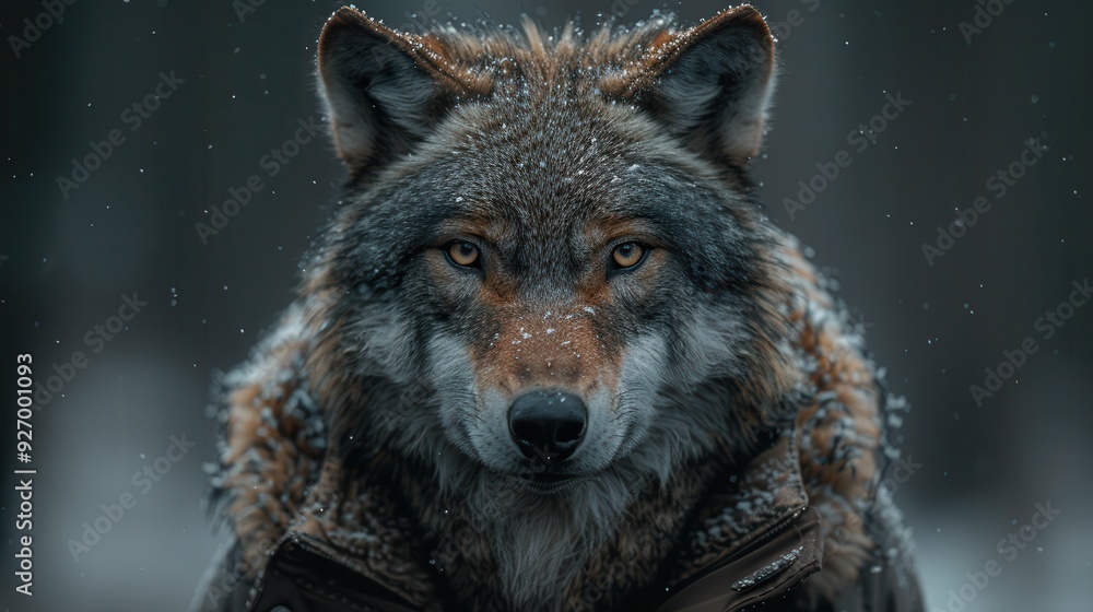 Fototapeta premium Strategic Vision: Businessperson with Wolf Head Engaged in Cunning Planning, Copy Space Below