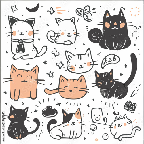 Free Cute and funny cats doodle vector set