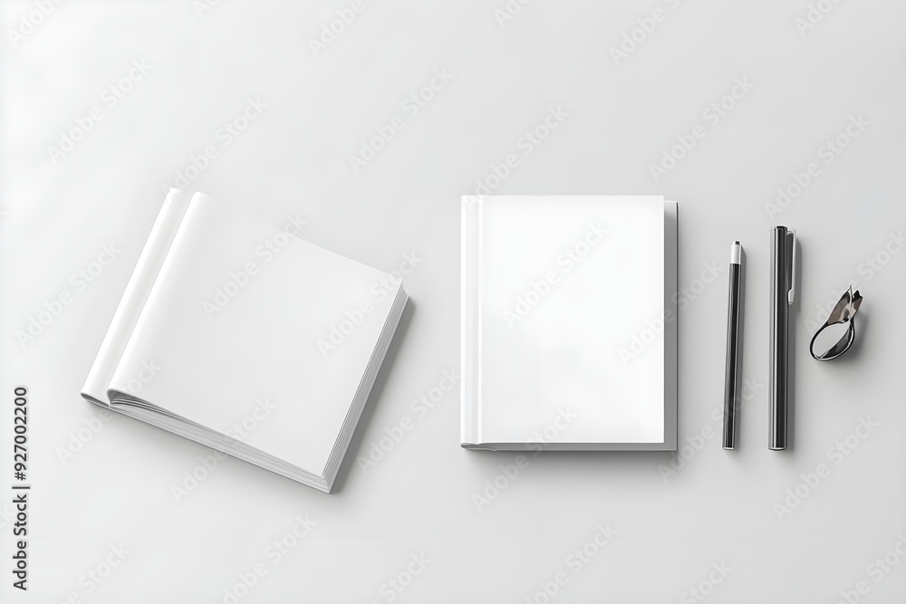 Realistic Blank Soft Cover Book and Contents Mockup Layout Isolated on White Background from High-level View Realistic Blank Soft Cover Book and Contents Mockup Layout Isolated on White Background from High-level View
