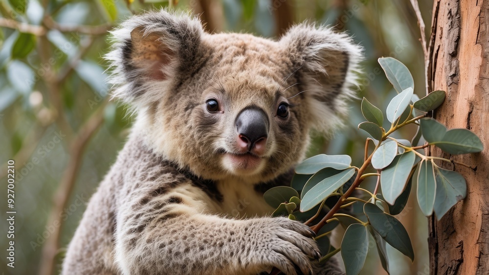 Adorable koala clinging to a eucalyptus tree, peaceful expression, Australian outback setting.- Adorable koala clinging to a eucalyptus tree, peaceful expression, Australian outback setting.-