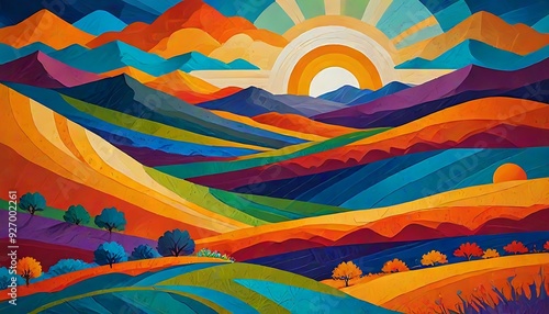 Abstract Art with Textured Layers Featuring Colorful Rolling Landscape, Stylized Suns, and Hills in Warm and Cool Hues for Vibrant Artistic Design. photo