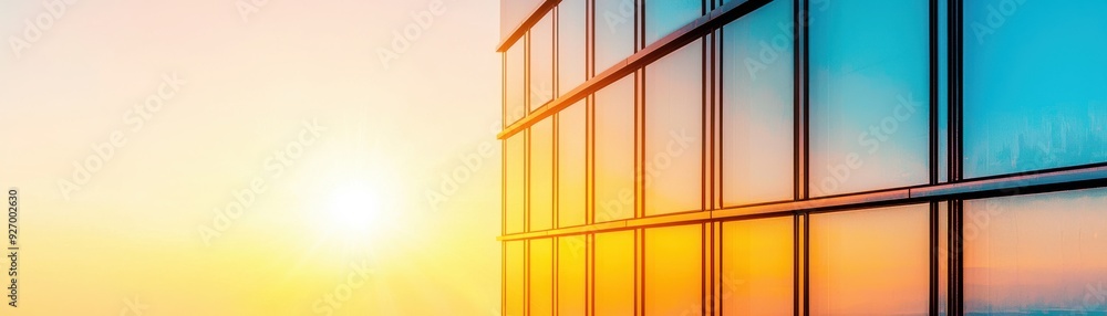 Fototapeta premium A vibrant sunrise reflects on the glass facade of a modern building, showcasing colors of orange, blue, and warm sunlight.