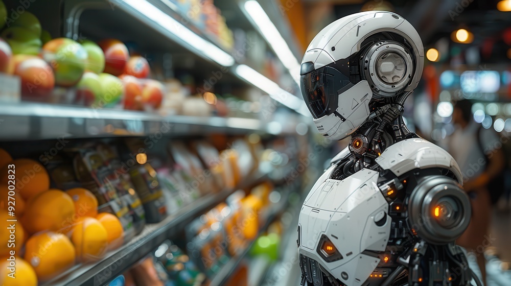 The Future of Retail: AI Robots Run a Surreal Store - Blank Space for Text The Future of Retail: AI Robots Run a Surreal Store - Blank Space for Text