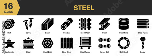 Steel Glyph icon set. Includes beam, blacksmith, bolt, iron bar, and More. Solid icons vector collection.