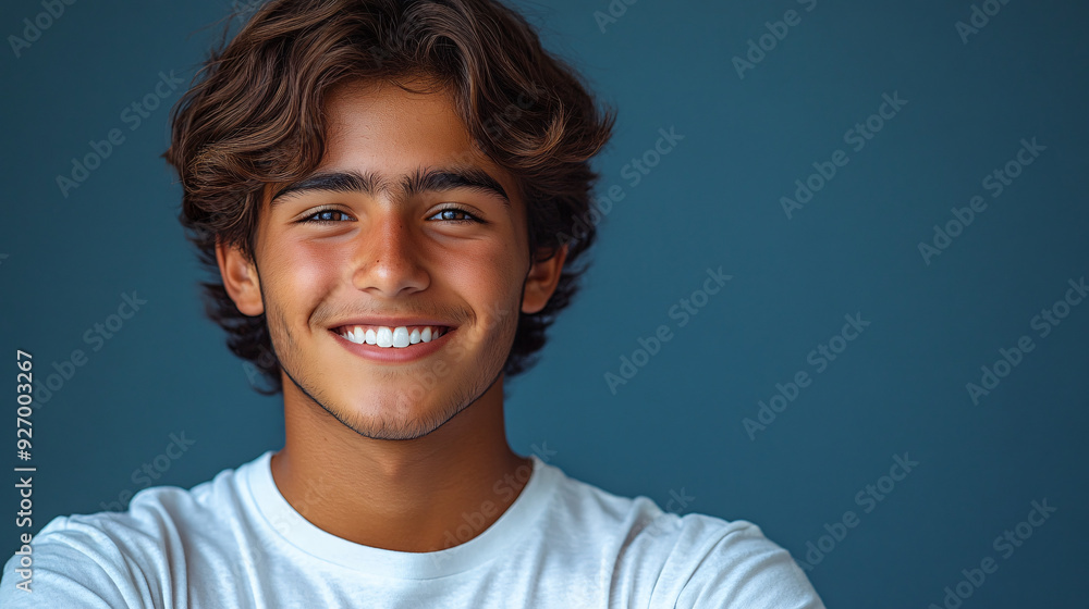 A happy and cheerful young Latino generation z student smiling against a dark blue background. A happy and cheerful young Latino generation z student smiling against a dark blue background.